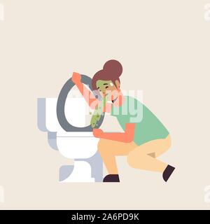 sad woman vomiting in toilet nausea stomach ache food or alcohol poisoning digestive problem concept unhappy girl puking feeling sick flat full length vector illustration Stock Vector