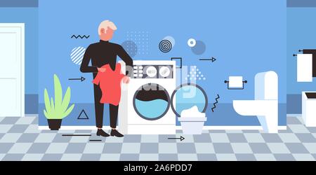 Man doing laundry in washing machine, vector illustration. Housework ...
