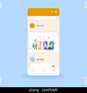 mother with child putting garbage bags in different types of recycling bins segregate waste sorting management cleaning service concept smartphone screen online mobile app sketch full length vector illustration Stock Vector