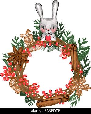 Christmas wreath. Vector illustration isolated on white background. New Year's hare. Coniferous branches and decorations.. Stock Vector