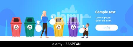 mother with child putting garbage bags in different types of recycling bins segregate waste sorting management cleaning service concept sketch horizontal full length copy space vector illustration Stock Vector