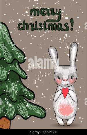 Christmas card. Christmas tree and bunny. Cute christmas illustration. Grey colour. Stock Vector