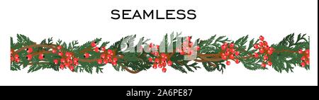 Christmas seamless decor. Vector illustration. Isolated on a white background. Coniferous branches and decorations.. Stock Vector