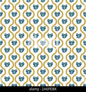 Seamless pattern with golden silk cords, bows and medallions. Stock Vector
