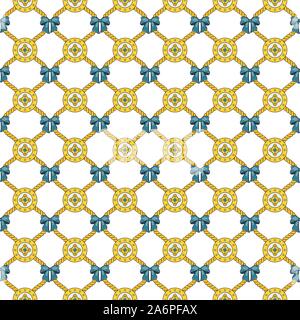 Seamless pattern with golden silk cords, bows and medallions. Stock Vector