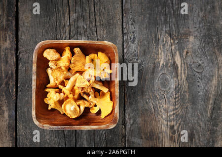 Chanterelles, forest mushrooms on a wooden background Stock Photo