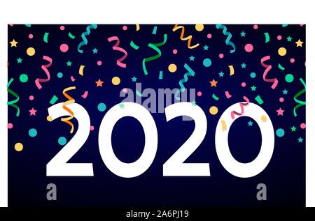 Happy 2020 new year confetti color banner on black background for your seasonal holiday flyers, Christmas themed congratulations and cards.  Stock Vector