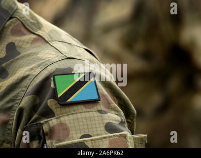 Flag of Tanzania on military uniform. Army, troops, soldiers. Collage. Stock Photo