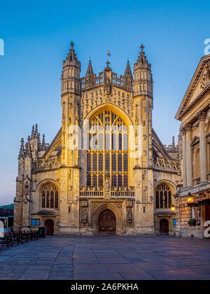 Bath Abbey west façade at dusk. Somerset. UK Stock Photo