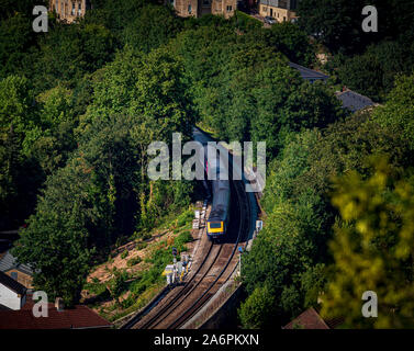 Local train arriving into Bath, Somerset, UK. Stock Photo