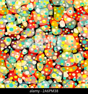 Rainbow multicolor abstract spotted seamless pattern, background from geometrical figures. Colorful bright texture of various shapes for creative fabr Stock Vector