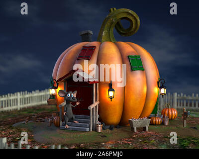 3D rendering of a cute smiling cartoon mouse standing outside a fantasy pumpkin house in a fairytale garden. Stock Photo