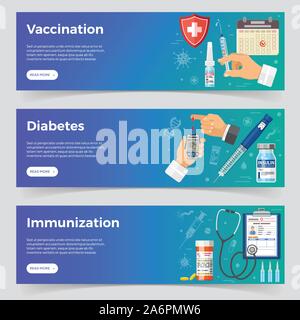 Vaccination, Diabetes, Immunization banners Stock Vector