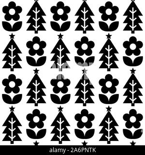 Cute repetitive Nordic Christmas folk art vector seamless pattern, monochrome cute festive Scandinavian design with flowers and Christmas trees. Xmas Stock Vector