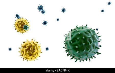 lymphocytes and viruses, cancer cell, 3d rendered cancer cell, Cancer cell and Lymphocytes,T-lymphocytes attack a migrating cancer cell Stock Photo