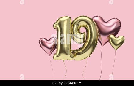 Happy 19th birthday party celebration balloons with hearts. 3D Render Stock Photo