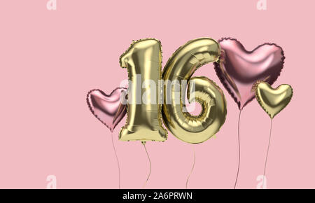 Happy 16th birthday party celebration balloons with hearts. 3D Render Stock Photo