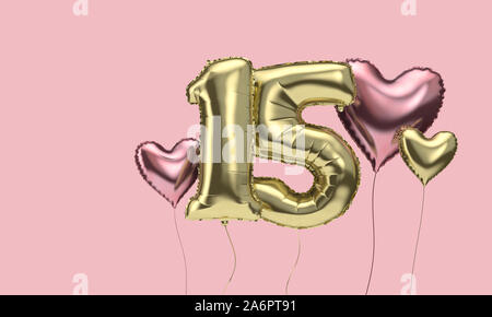 Happy 15th birthday party celebration balloons with hearts. 3D Render Stock Photo
