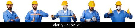 set of builder in hard hat, foreman or repairman in the helmet. Portrait architect builder, civil engineer working.Isolated over white background Stock Photo