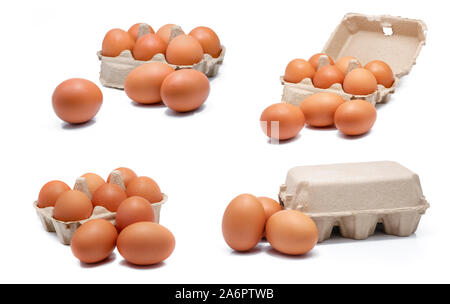 Egg in paper box isolated in white background. Eggs in carton. Green packaging. Chicken eggs from organic farm. Brown cardboard box package. Paper Stock Photo