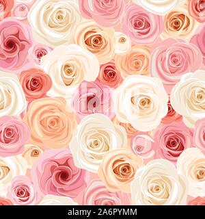 Vector seamless pattern with pink, orange and white roses and lisianthuses. Stock Vector