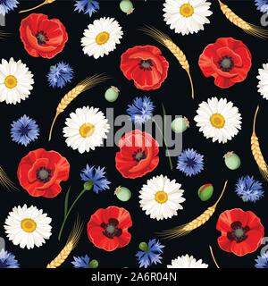 Vector seamless pattern with red poppies, white daisies, blue cornflowers and ears of wheat on a black background. Stock Vector