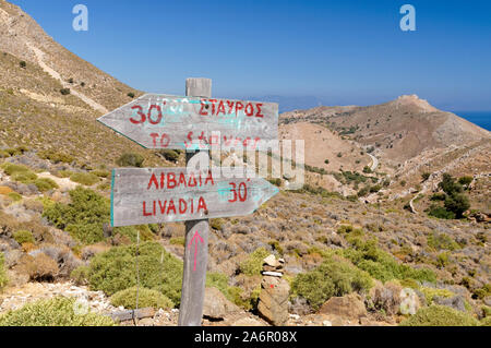 Walkers footpath sign with distance in time taken between Livadi and  Stavros bay,  Tilos, Dodecanese islands, Southern Aegean, Greece. Stock Photo