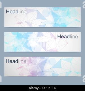 Scientific set of modern  banners. DNA molecule structure with connected lines and dots. Scientific and technology concept. Wave flow graphic backgrou Stock Photo