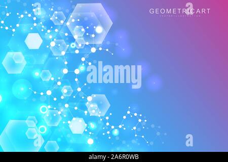 Science network pattern, connecting lines and dots. Technology hexagons structure or molecular connect elements Stock Photo