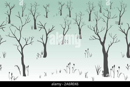 Trees with no leaves. Continuous Pattern. Partly Seamless. Vector Illustration Stock Vector