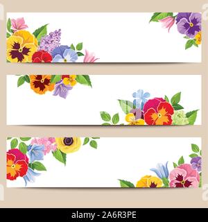 Set of three vector web banners with colorful pansies, harebell and lilac flowers. Stock Vector