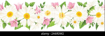 Vector horizontal seamless background with white daisies and pink harebell flowers. Stock Vector