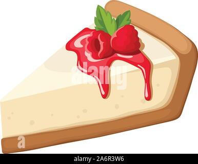 Vector piece of a cheesecake with raspberry, jam and mint leaves isolated on a white background. Stock Vector