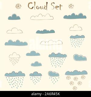 Set Of Hand Drawn clouds with falling rain and snowflakes. Delicate Design. Paper Background. Vector Illustration Stock Vector