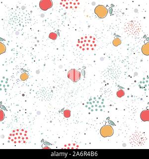 Cute Seamless Pattern with pears, apples and dotted background. hand Drawn Delicate Design. Scandinavian Style.Vector Illustration Stock Vector