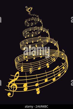 Gold Christmas tree with music notes over black background, vector illustration Stock Vector