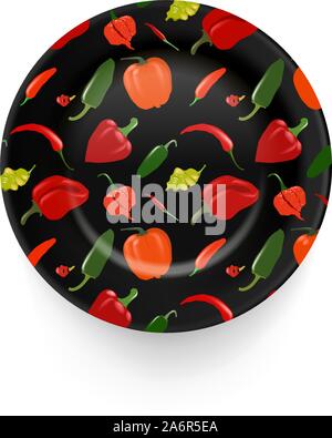 Vector black porcelain plate with hand drawn peppers. Arts and crafts, interior decoration Stock Vector