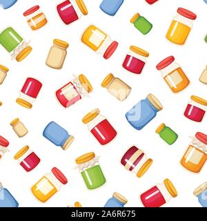 Vector seamless background with colorful jam jars on a white background. Stock Vector