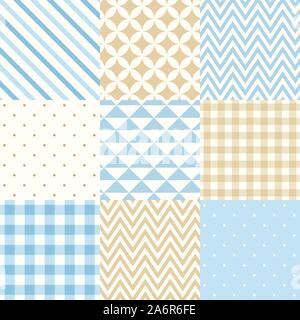 Vector set of nine seamless geometric patterns for scrapbooking in blue and beige colors. Stock Vector