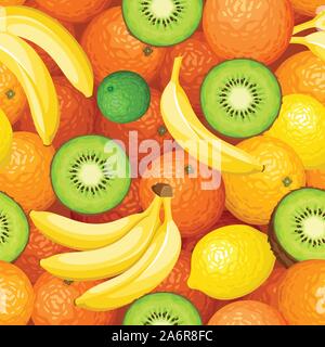 Vector seamless background with oranges, bananas and kiwi. Stock Vector