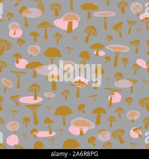 Seamless doodle pattern with forest mushrooms on a grey background. Beautiful autumn illustration in vector. Stock Vector