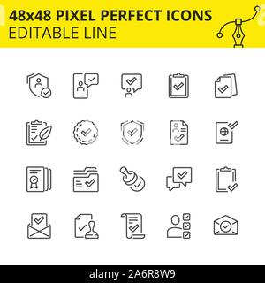 Simple set of icons for approval process in business and marking various milestones as passed. 48x48 Pixel perfect icon, editable line. Vector. Stock Vector