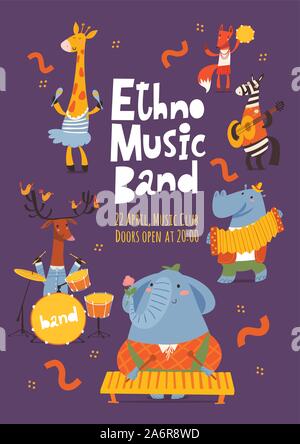 Ethno music band poster design with cartoon animals playing music instruments Stock Vector