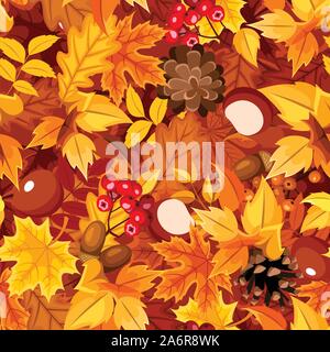 Vector seamless pattern with autumn colorful leaves, cones, chestnuts, rowanberries and acorns. Stock Vector