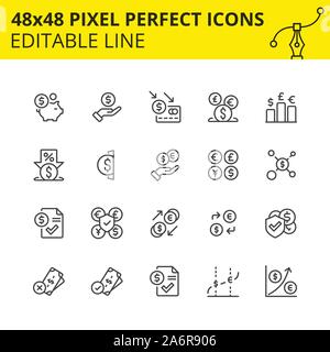 Set of icons for money transactions, currency conversion, accounting of exchange rate appreciation and depreciation, financial protection and savings. Stock Vector