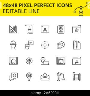 Simple set of icons for engineering processes as well as design and analysis, which includes icons for technical drawings and constructional drafting. Stock Vector