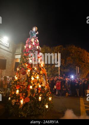 Dublin. 28th Oct, 2019. People participate in a Halloween parade in Galway, Ireland, Oct. 27, 2019. A Halloween parade was held here on Sunday night, attracting thousands of local residents and tourists. Credit: Xinhua/Alamy Live News Stock Photo