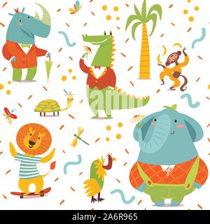 Vector seamless pattern in kids style with cartoon Africa animals Stock Vector