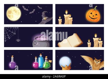 Vector Halloween banners with magic symbols: book, cauldron, owl, spider web, jack-o-lantern, bats, broom, flasks, crystal ball, moon, stars, witches Stock Vector