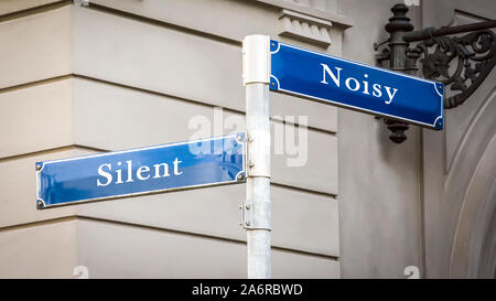 Street Sign the Direction Way to Silent versus Noisy Stock Photo